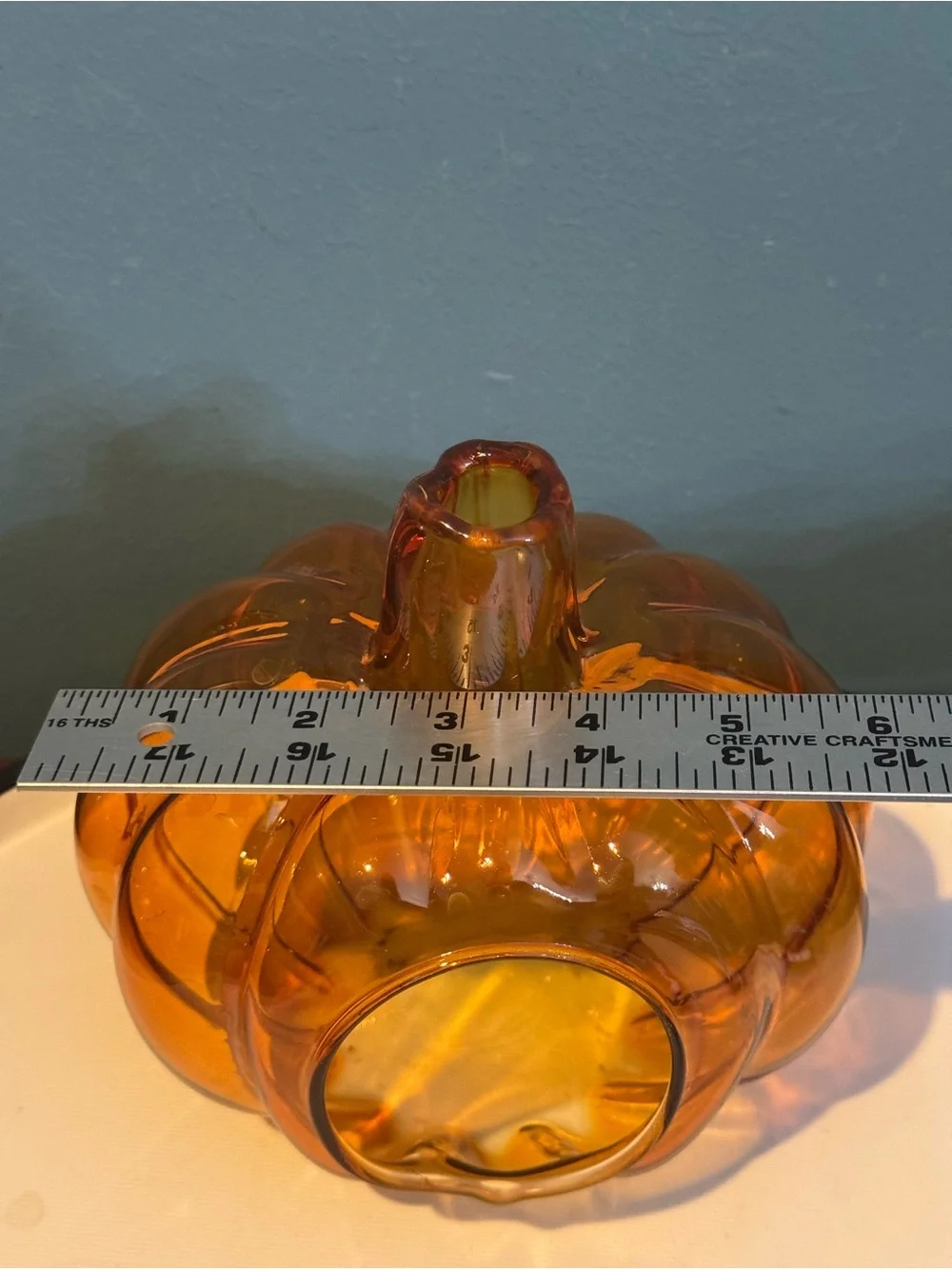 Orange Amber Glass Pumpkin Candle Holder with Stem Chimney 6.5” tall